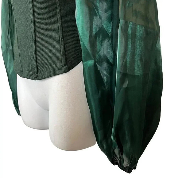 Oddy Womens Sheer Puff Sleeve Boned Ribbed Green Top Shirt Blouse NWT sz Large - Picture 10 of 16